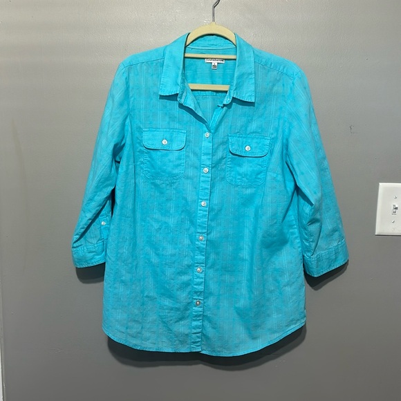 croft & barrow Tops - Croft & Barrow Turquoise Shirt, Roll-Tab Sleeves, Button-Up, L, 100% Cotton, EUC